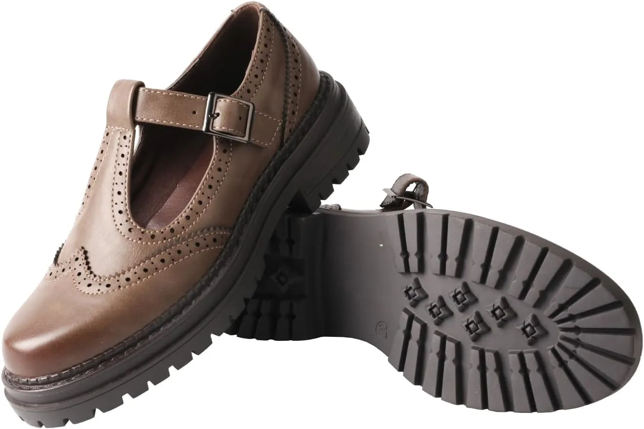 TMA EYES Chunky Platform T-Strap Hollowed-Out Loafer Vintage Round Toe Women's Single Shoes