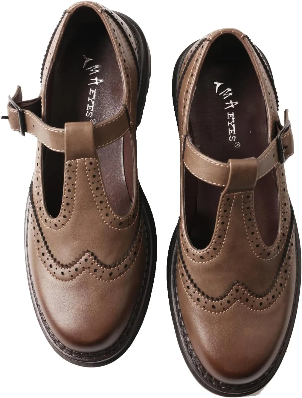 TMA EYES Chunky Platform T-Strap Hollowed-Out Loafer Vintage Round Toe Women's Single Shoes