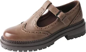 TMA EYES Chunky Platform T-Strap Hollowed-Out Loafer Vintage Round Toe Women's Single Shoes