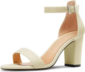 TNYNFBEB Womens Chunky Block Mid Heel Peep Open Toe Sandals Ankle Strap Buckle Prom Basic Classic Summer 3.2 Inches Heels