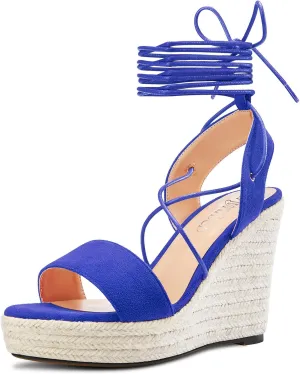 TNYNFBEB Womens High Wedge Heel Peep Open Toe Sandals Cross-Strap Lace-up Prom Basic Classic 3.9 Inches Heels