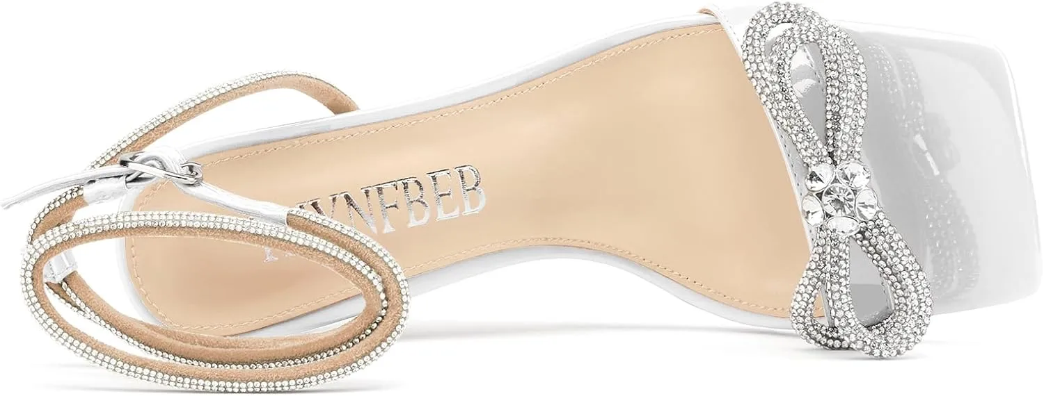 TNYNFBEB Womens Stiletto High Heel Open Square Toe Sandals Ankle Strap Two-Piece Buckle Rhinestone Crystal Bow-knot Prom Dress Summer 3.5 Inches Heels