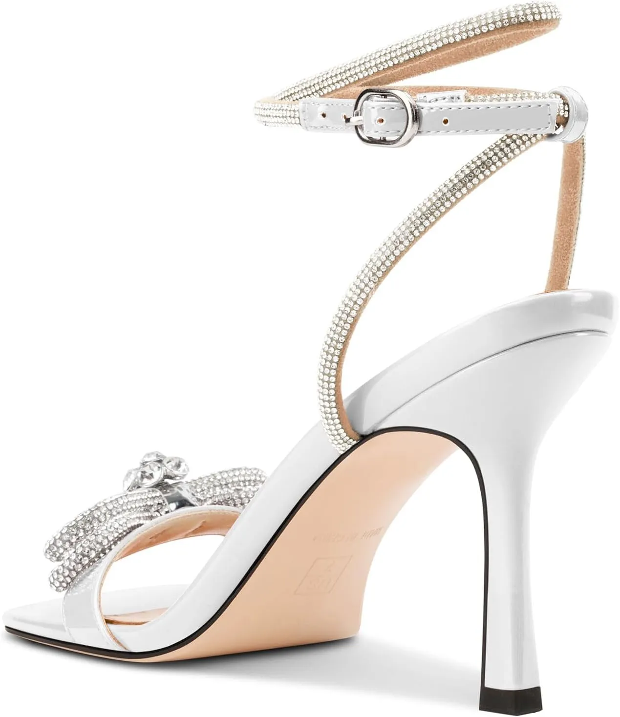 TNYNFBEB Womens Stiletto High Heel Open Square Toe Sandals Ankle Strap Two-Piece Buckle Rhinestone Crystal Bow-knot Prom Dress Summer 3.5 Inches Heels
