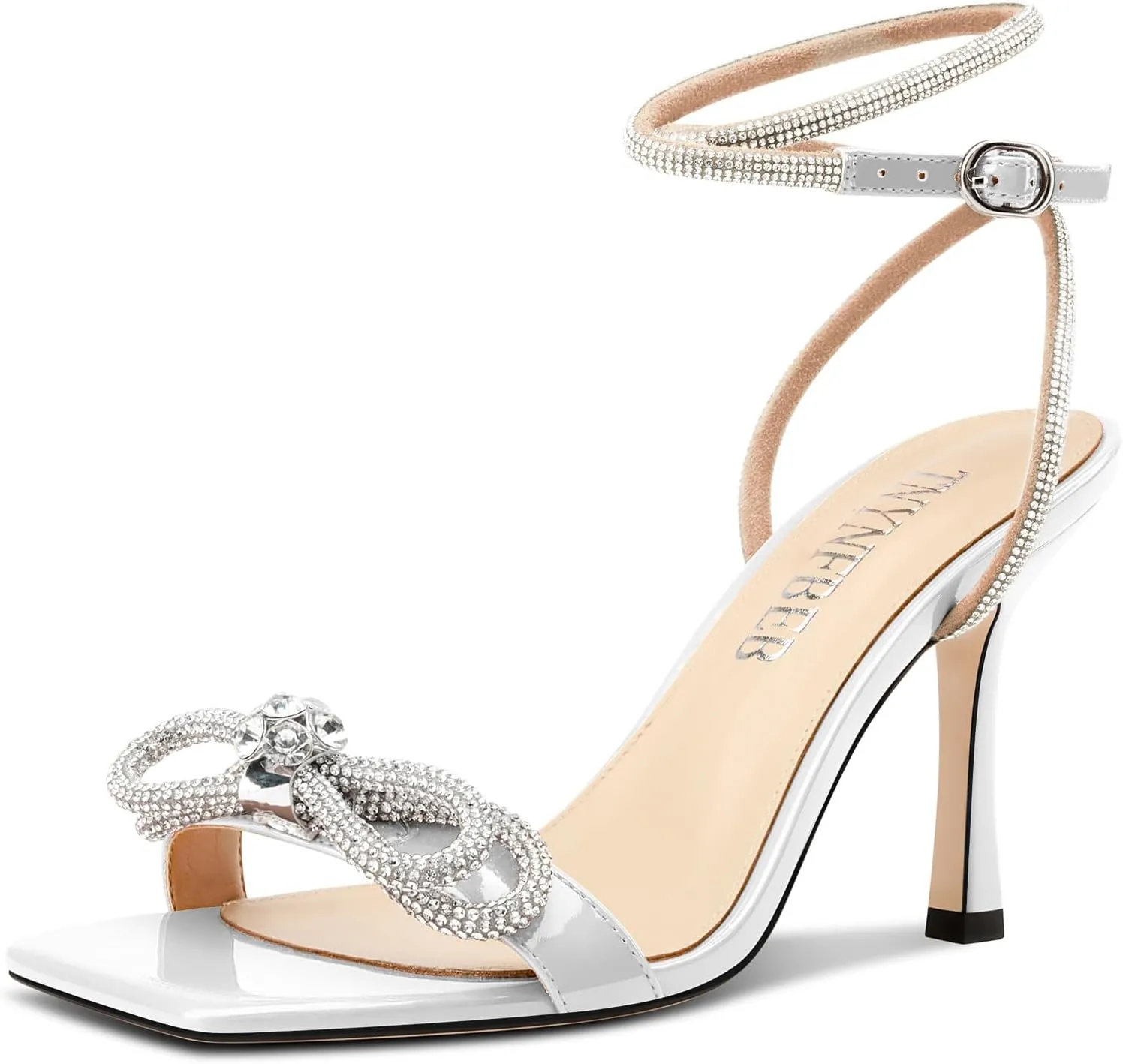 TNYNFBEB Womens Stiletto High Heel Open Square Toe Sandals Ankle Strap Two-Piece Buckle Rhinestone Crystal Bow-knot Prom Dress Summer 3.5 Inches Heels