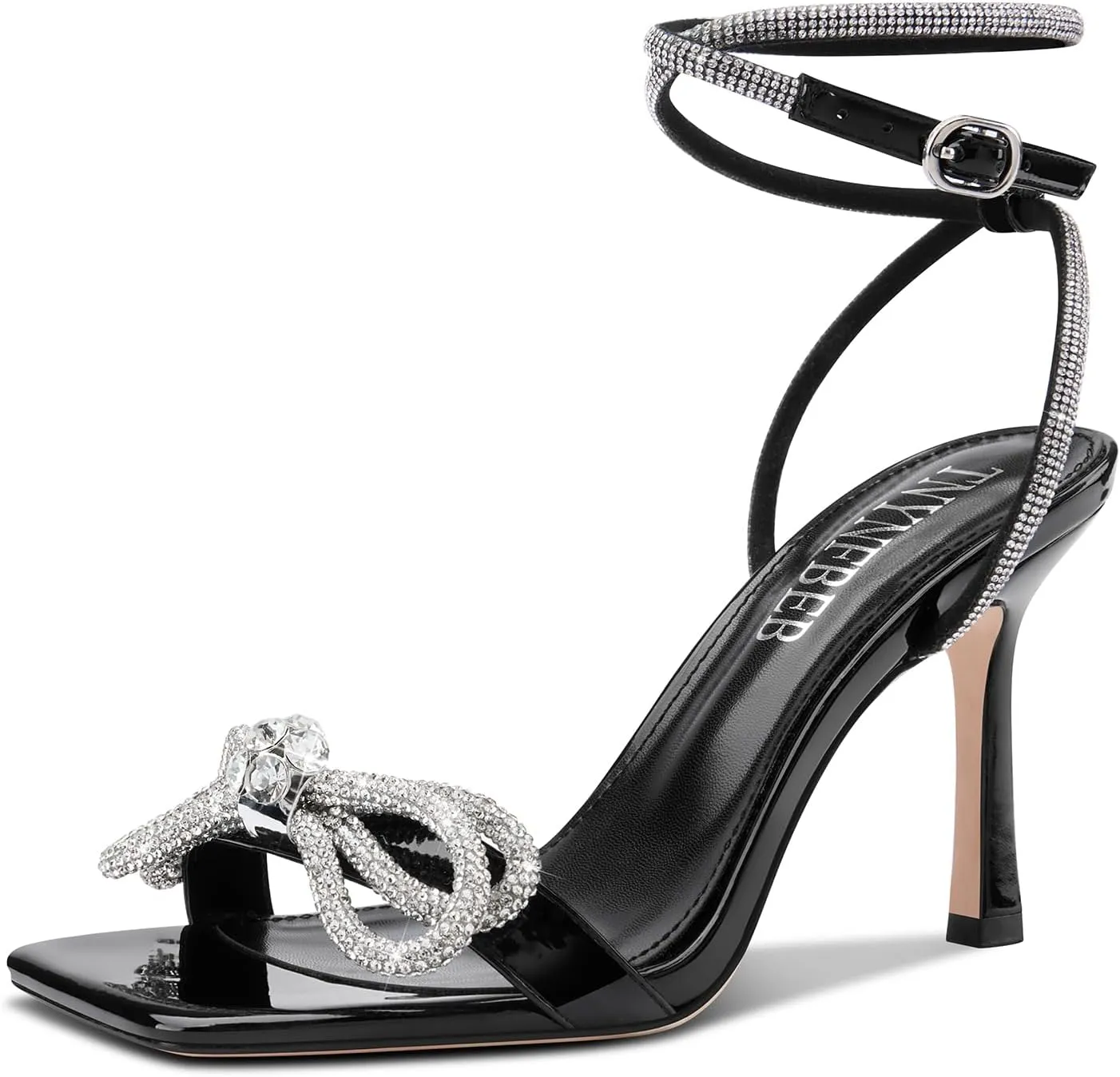 TNYNFBEB Womens Stiletto High Heel Open Square Toe Sandals Ankle Strap Two-Piece Buckle Rhinestone Crystal Bow-knot Prom Dress Summer 3.5 Inches Heels