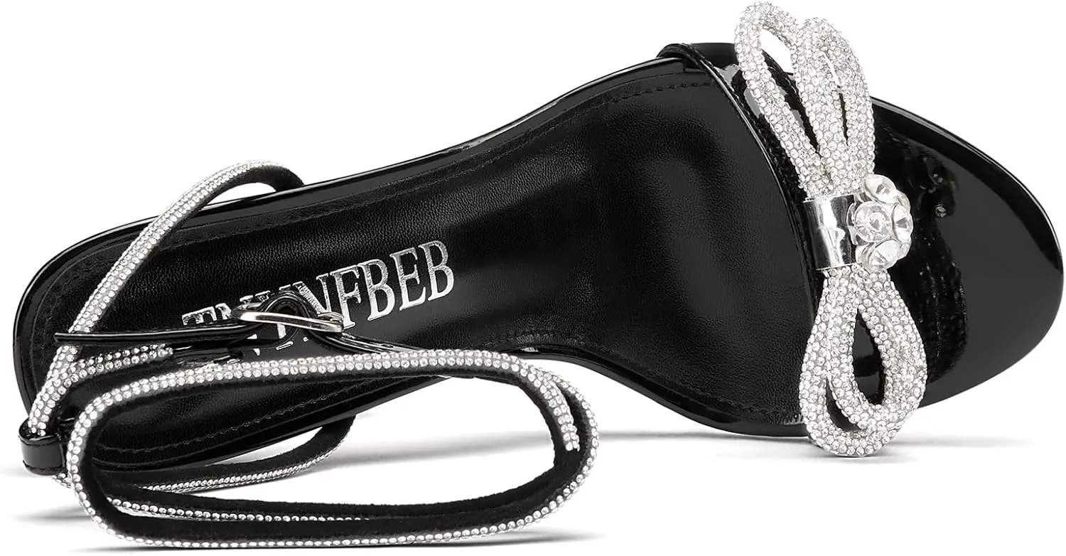 TNYNFBEB Womens Stiletto High Heel Open Toe Sandals Ankle Strap Buckle Rhinestone Crystal Bow-knot Prom Dress Summer 3.9 Inches Heels