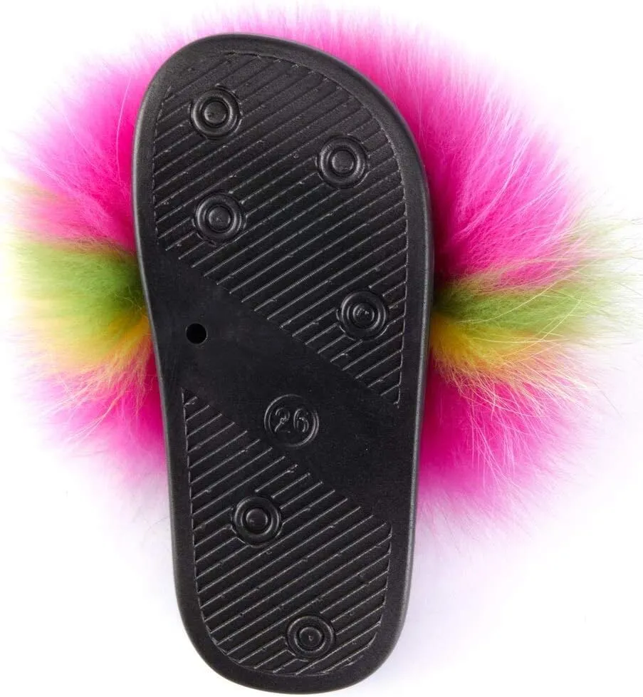 Toddler Fur Slides with Back Strap Kid's Furry Stylish Slippers Girl's Fluffy Fur Sandals Children's Flat PVC Soles Outdoor Open Toe Furry Shoes