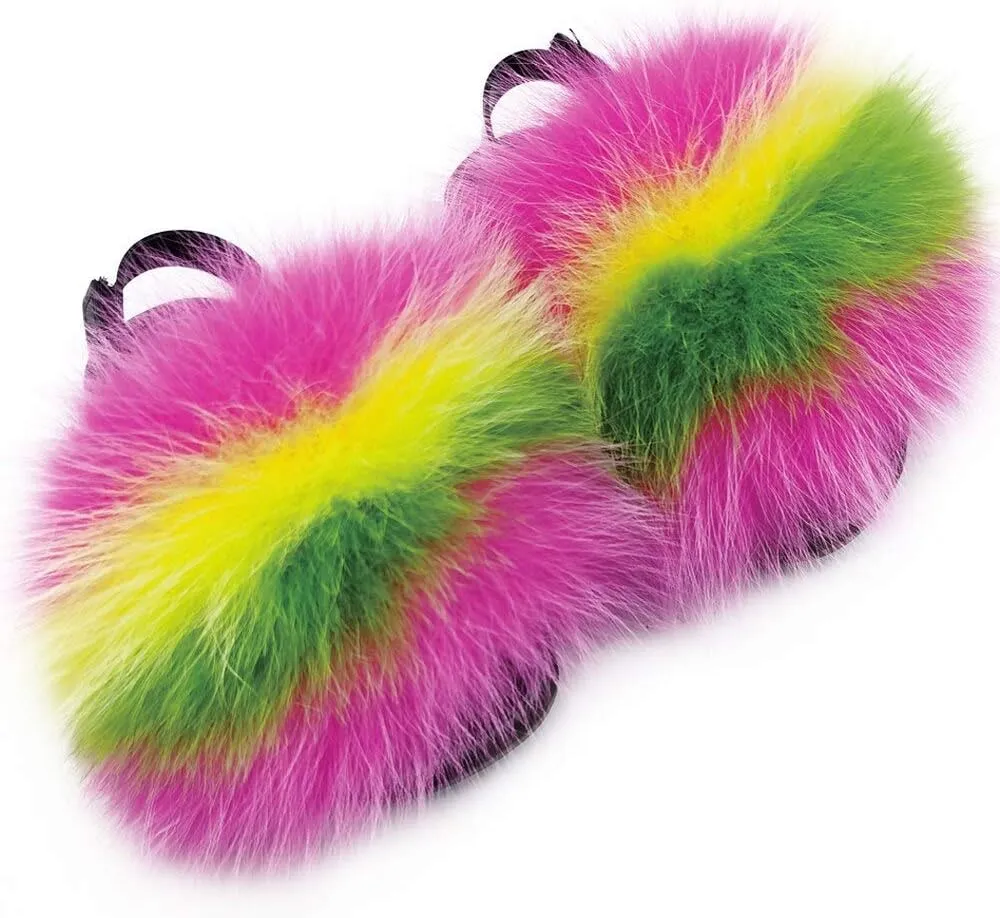 Toddler Fur Slides with Back Strap Kid's Furry Stylish Slippers Girl's Fluffy Fur Sandals Children's Flat PVC Soles Outdoor Open Toe Furry Shoes