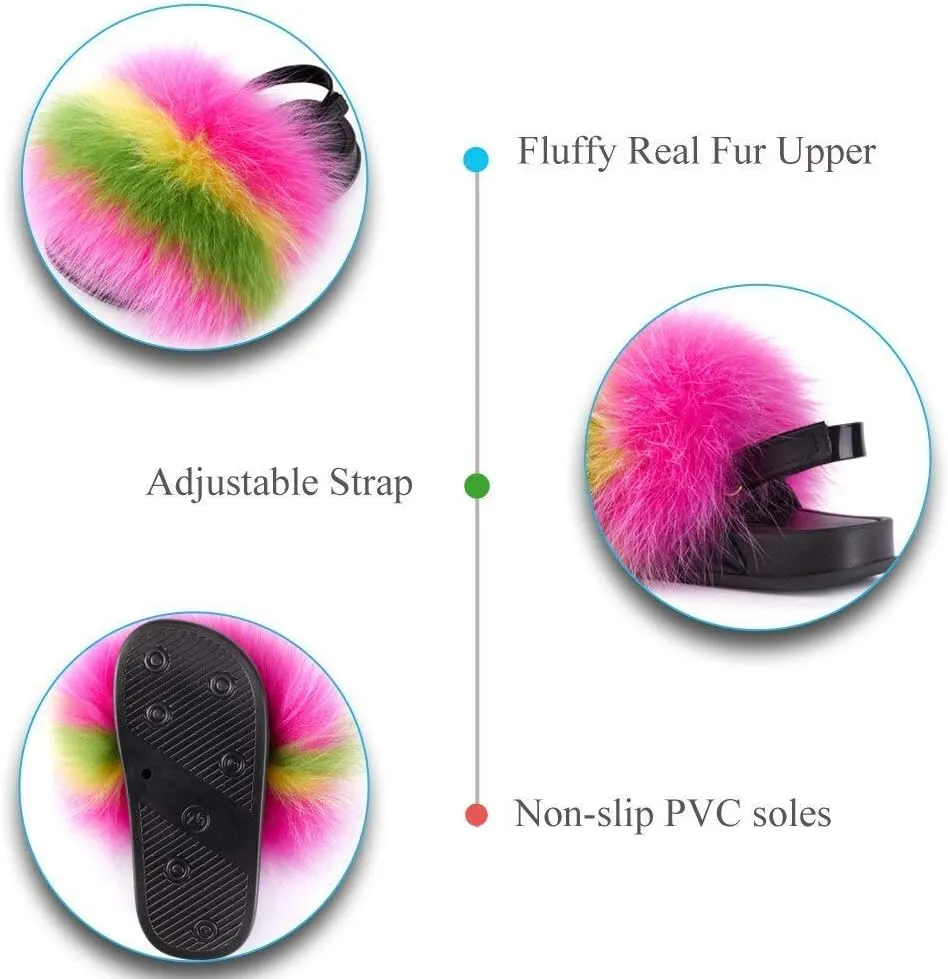 Toddler Fur Slides with Back Strap Kid's Furry Stylish Slippers Girl's Fluffy Fur Sandals Children's Flat PVC Soles Outdoor Open Toe Furry Shoes