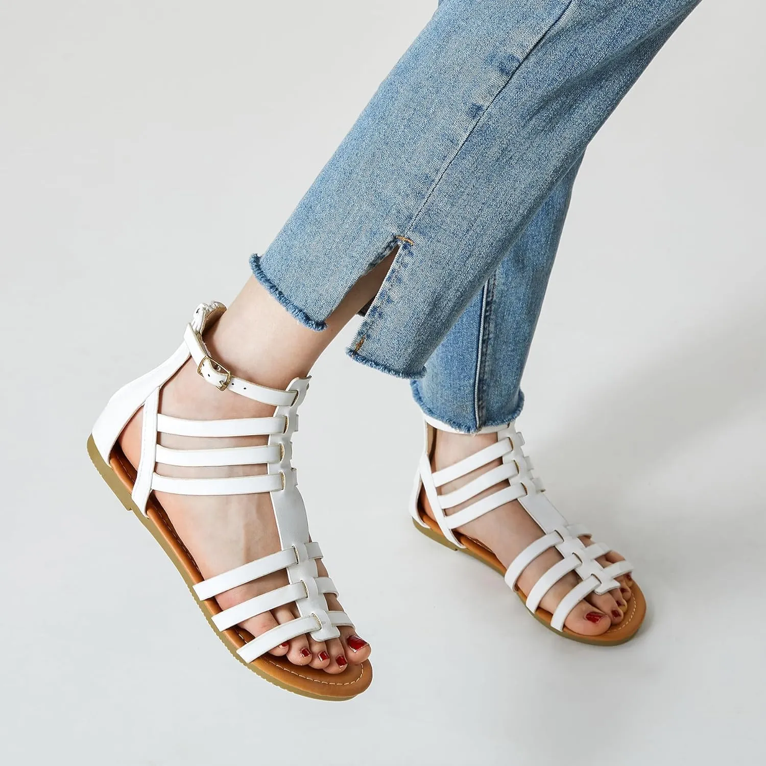 Trary Women's Sandal, Comfortable Gladiator Sandals Ankle Strap Flats Sandalias Para Mujer Beach Sandals Wide Width Open Toe Cross Strappy Sandals for Women Dressy Summer