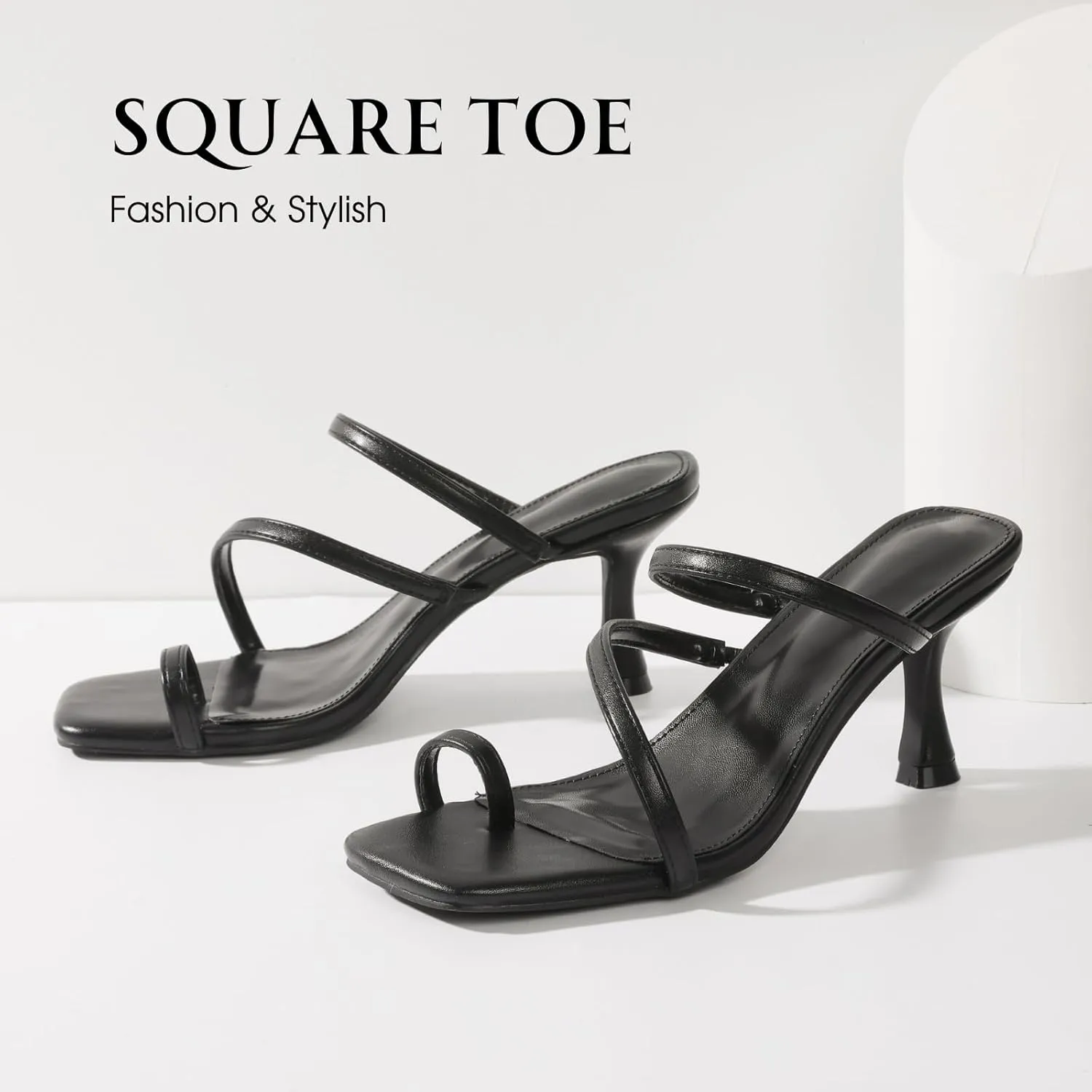 Uacllcau Strappy Kitten Heels For Women Square Open Toe Low Heels Stiletto Heeled Sandals Sexy Fashion Party Dress Slip On Slides Womens Heels