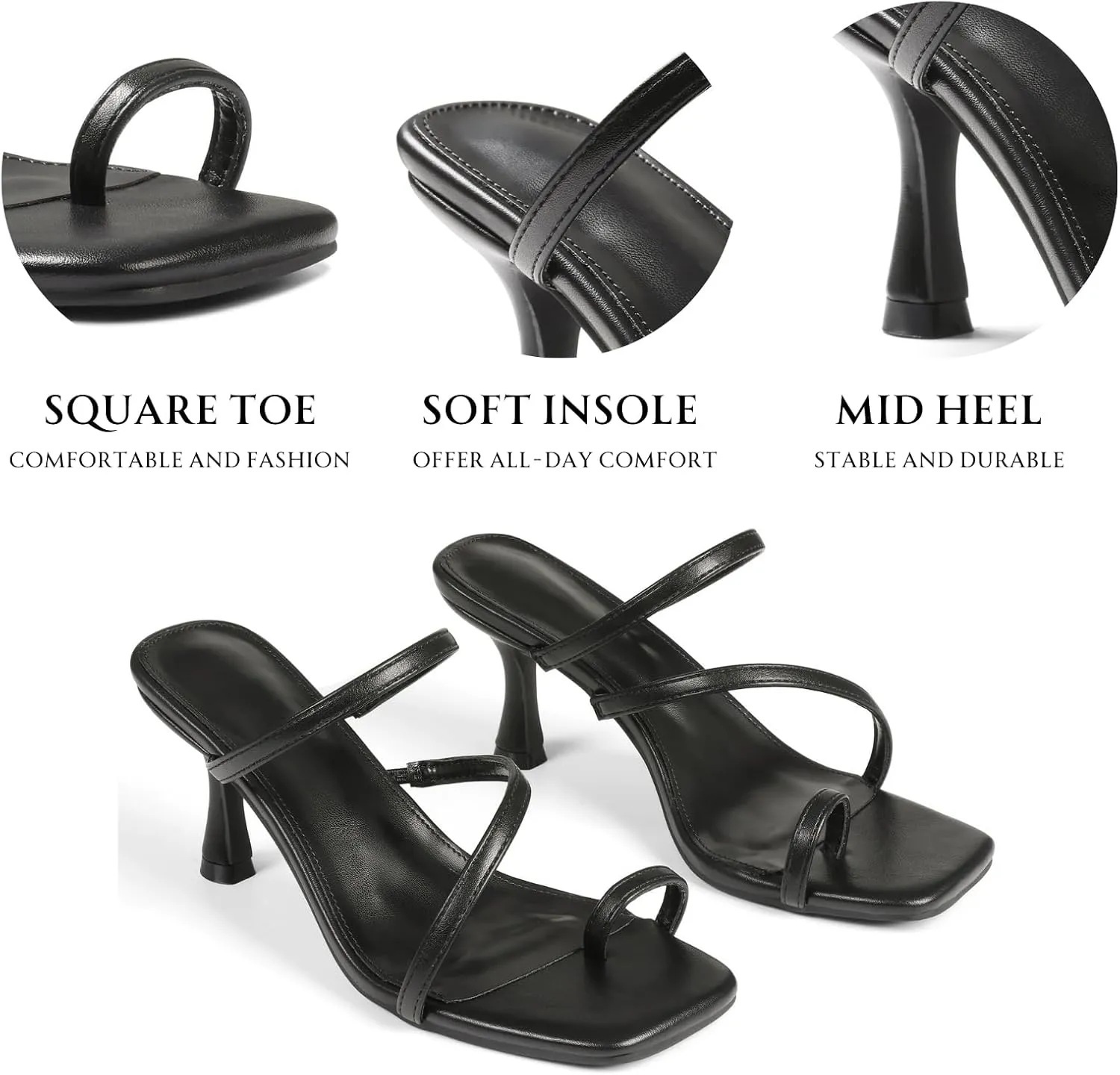 Uacllcau Strappy Kitten Heels For Women Square Open Toe Low Heels Stiletto Heeled Sandals Sexy Fashion Party Dress Slip On Slides Womens Heels