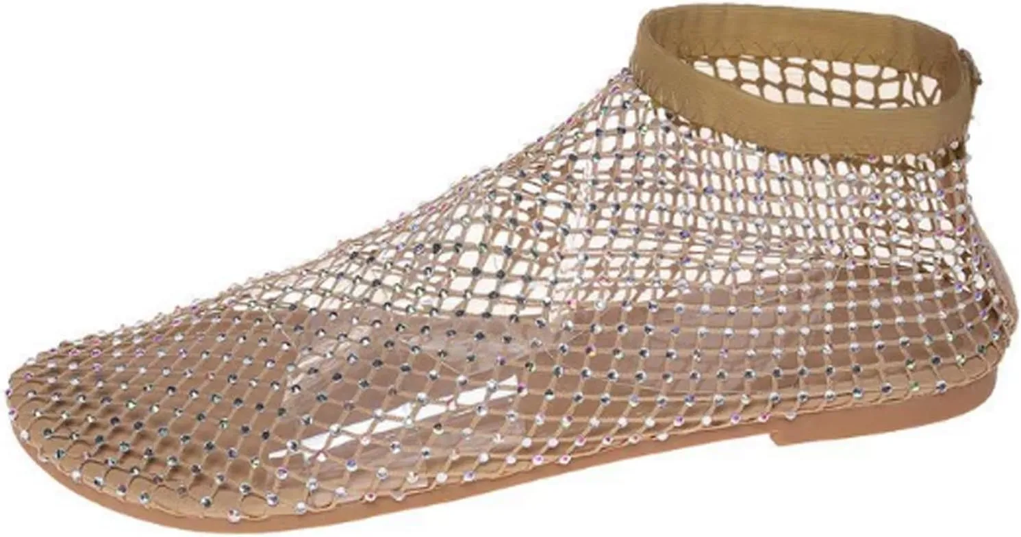 Ultra Comfortable Shiny Gem Mesh Flats Shiny Stylish Flats Sparkle Shoes Comfortable Low Heel Slip On Sandals
