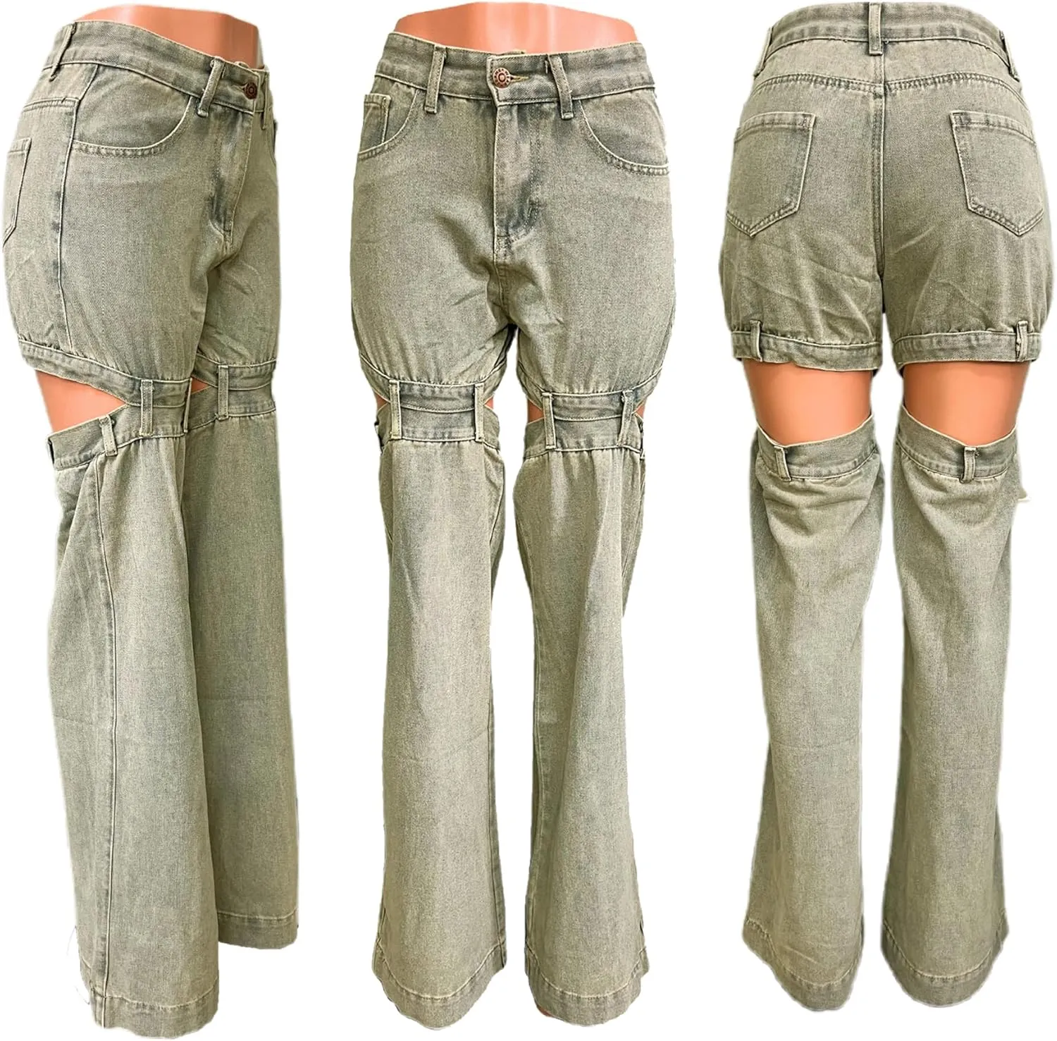 Vakkest Women's Baggy Denim Jeans Patchwwork Pants High Cutout Straight Wide Leg Stretchy Ripped Pants Y2K Streetwear