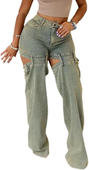 Vakkest Women's Baggy Denim Jeans Patchwwork Pants High Cutout Straight Wide Leg Stretchy Ripped Pants Y2K Streetwear