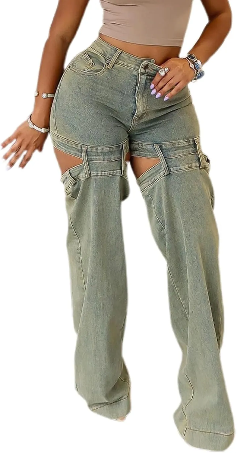 Vakkest Women's Baggy Denim Jeans Patchwwork Pants High Cutout Straight Wide Leg Stretchy Ripped Pants Y2K Streetwear