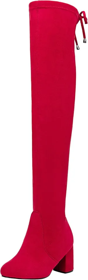 Vepose Women's Over The Knee High Boots Suede Thigh High Boot 3 Inch Chunky Heels Zipper Adjustable Opening Shoes