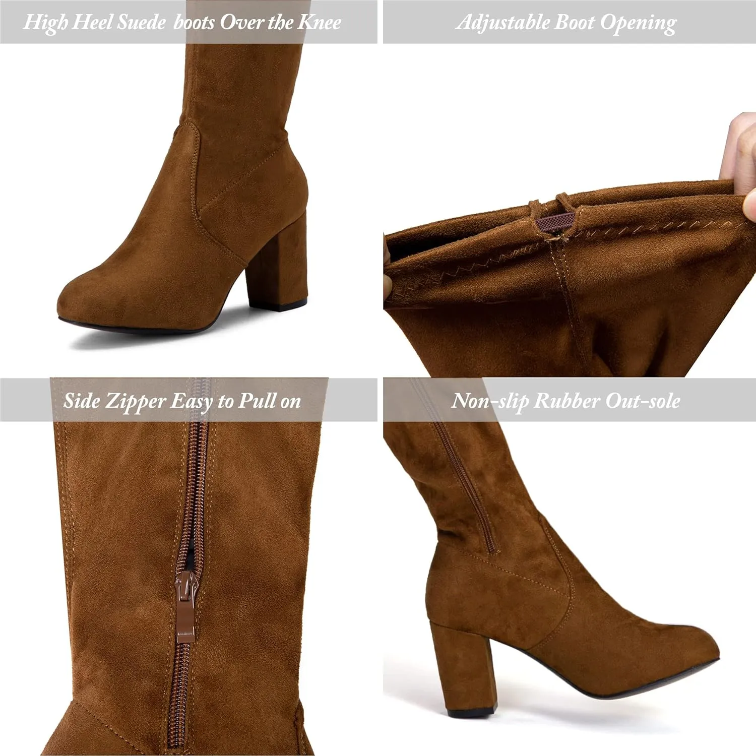 Vepose Women's Over The Knee High Boots Suede Thigh High Boot 3 Inch Chunky Heels Zipper Adjustable Opening Shoes
