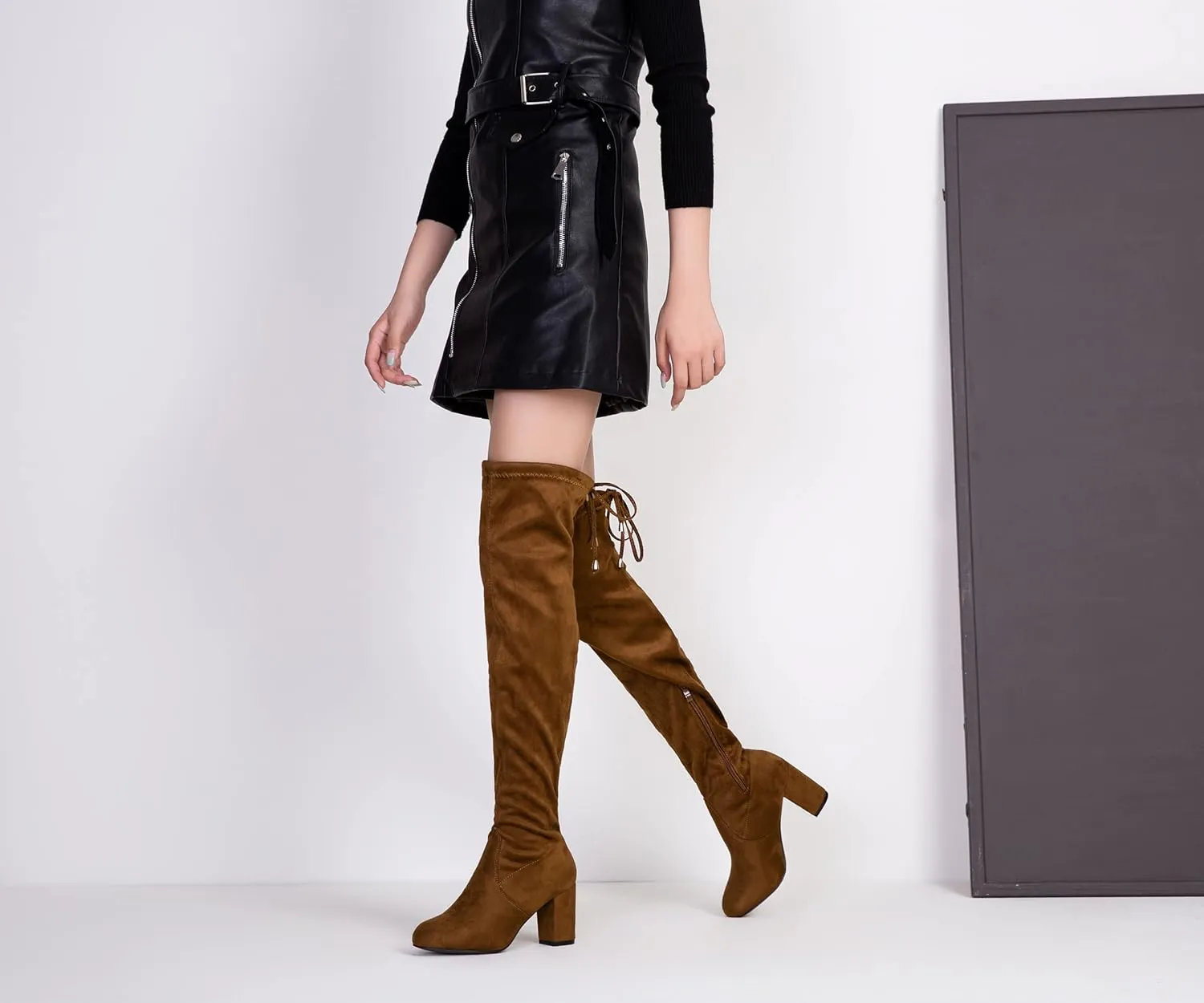 Vepose Women's Over The Knee High Boots Suede Thigh High Boot 3 Inch Chunky Heels Zipper Adjustable Opening Shoes