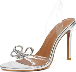 Vertundy Women's Slingback Heeled Sandals Slip On Stiletto Heels Open Toe High Rhinestone Bow Decoration Dress Party Wedding Elegant Shoes for Women