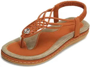 Veslexth Women's Casual Sandals Summer Bohemian Flat Ankle T-Strap Thong Elastic Strap Slippers Comfortable Home Weave Flip Flops
