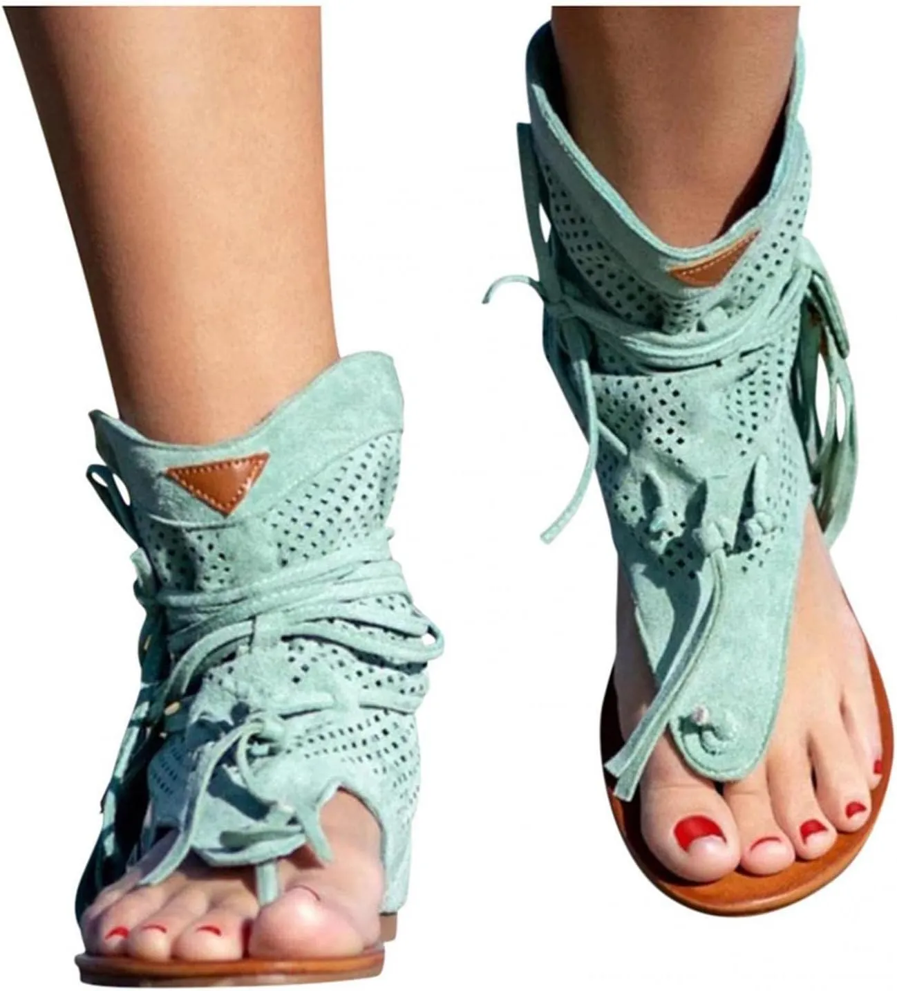 Vintage Flip Flops for Women Bohemian Tassel Clip Toe Straps Lace up Flat Sandals Summer Comfortable Casual Breathable Roman Beach Shoes Boots