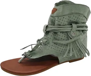 Vintage Flip Flops for Women Bohemian Tassel Clip Toe Straps Lace up Flat Sandals Summer Comfortable Casual Breathable Roman Beach Shoes Boots
