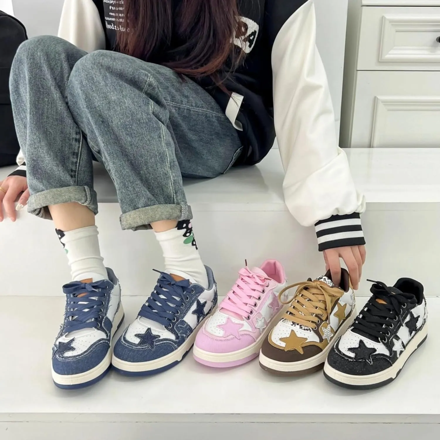 Vintage Star Pattern Platform Canvas Sneakers Trendy Low Top Casual Shoes for Women Versatile and Stylish