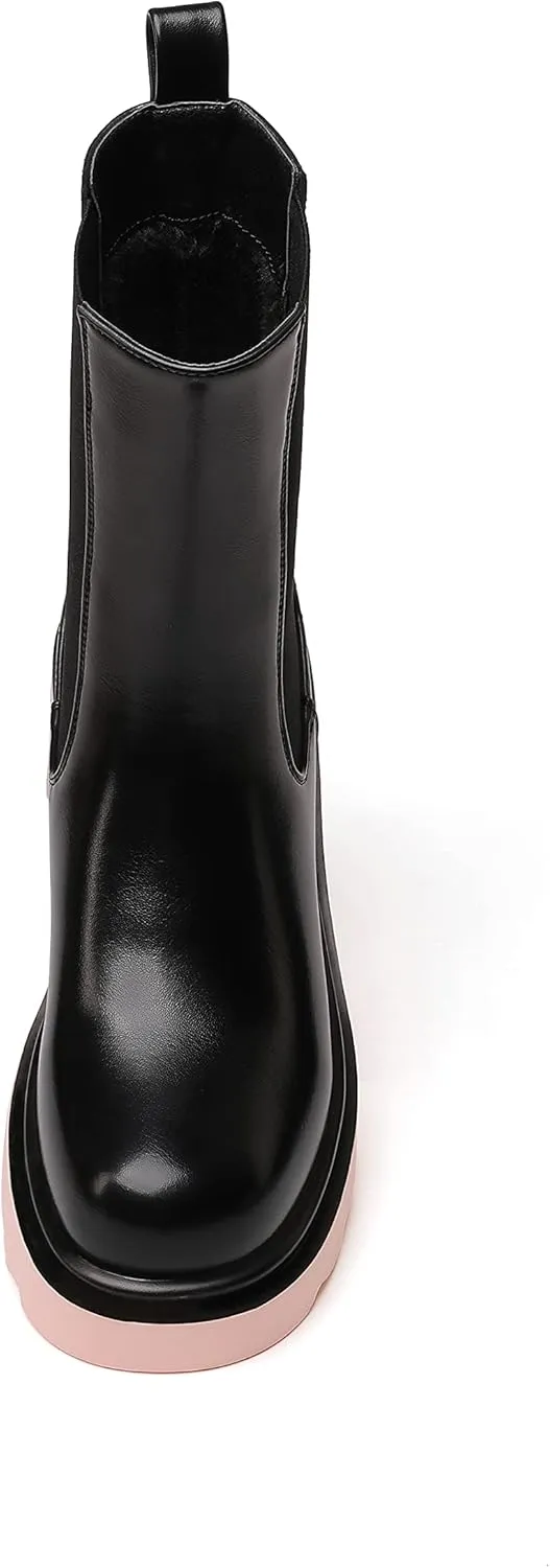 vivianly Womens Chelsea Boots Lug Sole Platform Mid Calf Boots Elastic Slip on Boots Block Heel Ankle Boots for Casual Wear, Costume