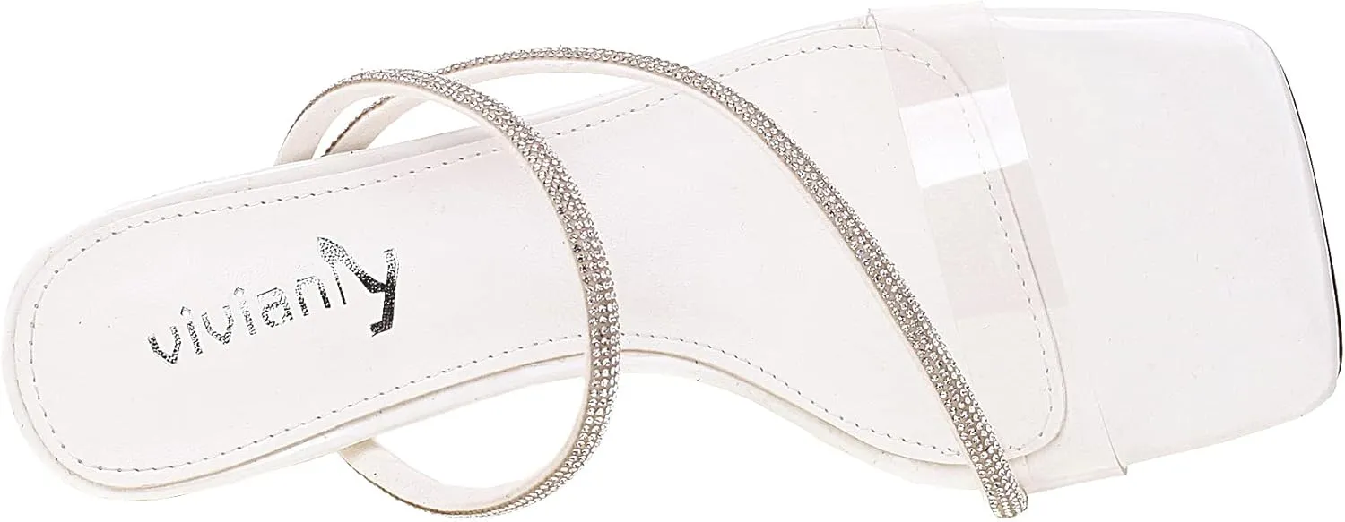 vivianly Womens Square Toe Clear Rhinestone Strappy Heeled Sandals Transparent Block High Heels Slides Slipper Wedding Dress