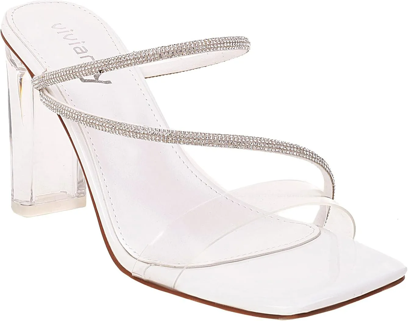 vivianly Womens Square Toe Clear Rhinestone Strappy Heeled Sandals Transparent Block High Heels Slides Slipper Wedding Dress