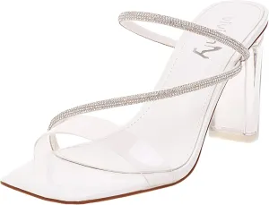vivianly Womens Square Toe Clear Rhinestone Strappy Heeled Sandals Transparent Block High Heels Slides Slipper Wedding Dress
