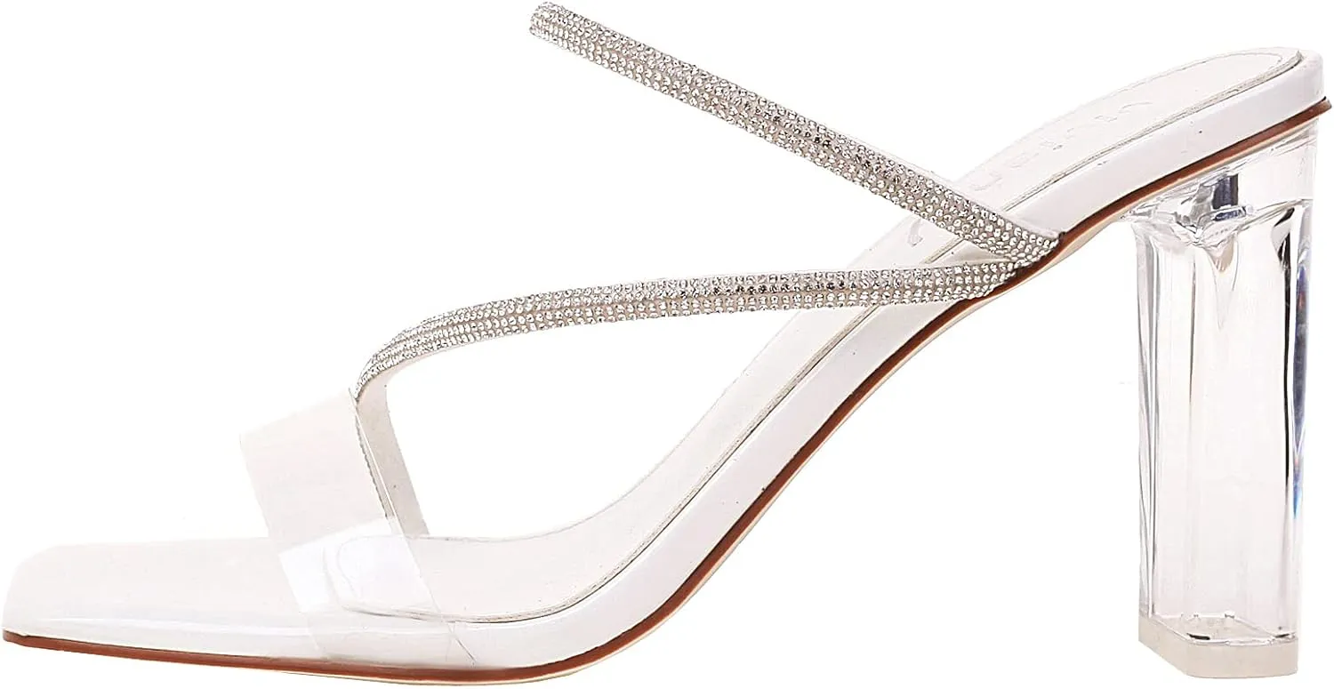 vivianly Womens Square Toe Clear Rhinestone Strappy Heeled Sandals Transparent Block High Heels Slides Slipper Wedding Dress