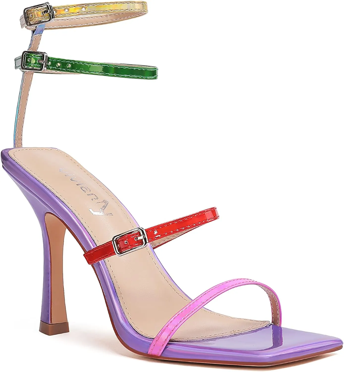vivianly Women'S Square Toe Strappy Heels Sandal Multi Color Ankle Strap Heeled Sandals Sexy Stiletto High Heels