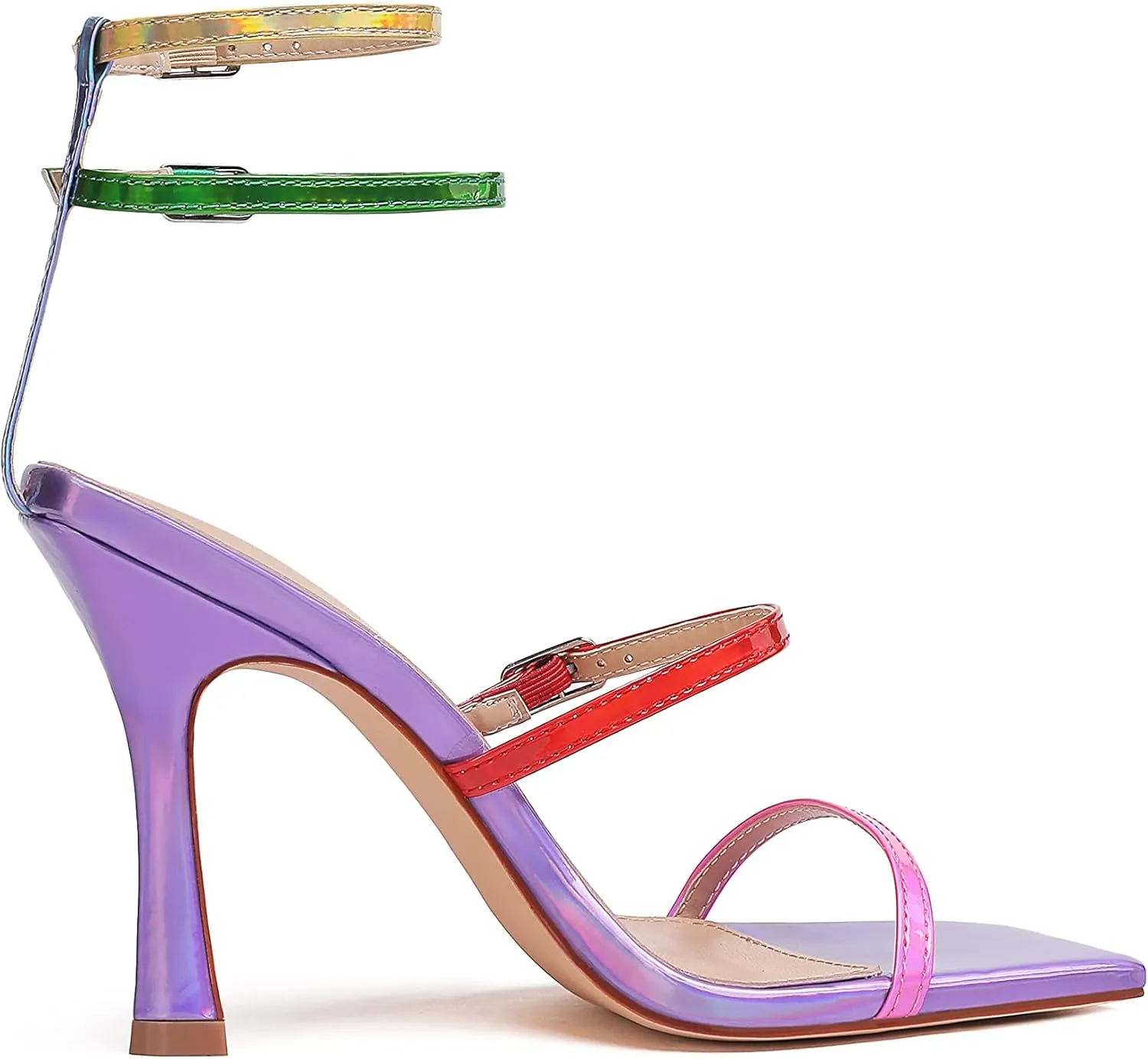 vivianly Women'S Square Toe Strappy Heels Sandal Multi Color Ankle Strap Heeled Sandals Sexy Stiletto High Heels
