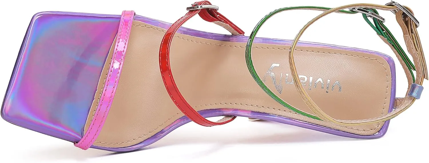 vivianly Women'S Square Toe Strappy Heels Sandal Multi Color Ankle Strap Heeled Sandals Sexy Stiletto High Heels