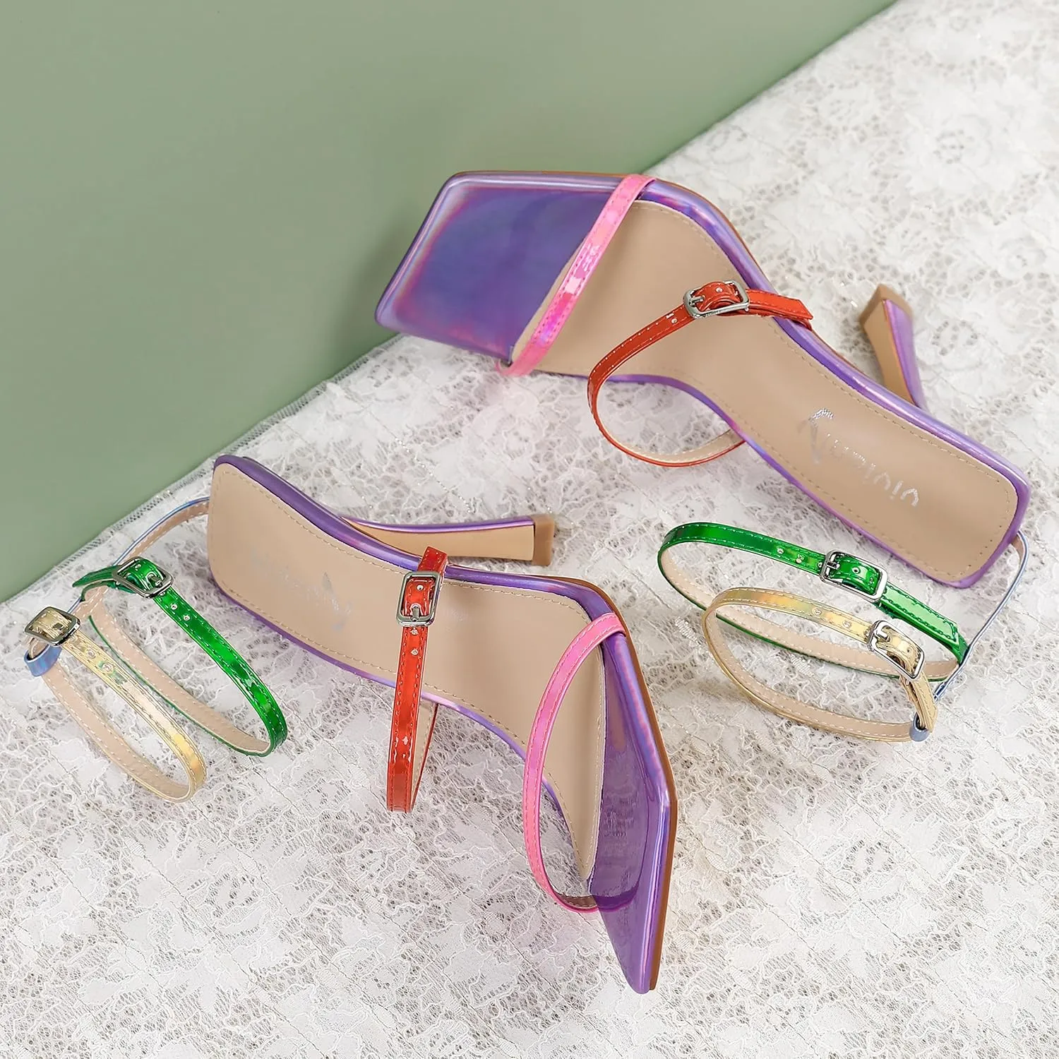 vivianly Women'S Square Toe Strappy Heels Sandal Multi Color Ankle Strap Heeled Sandals Sexy Stiletto High Heels