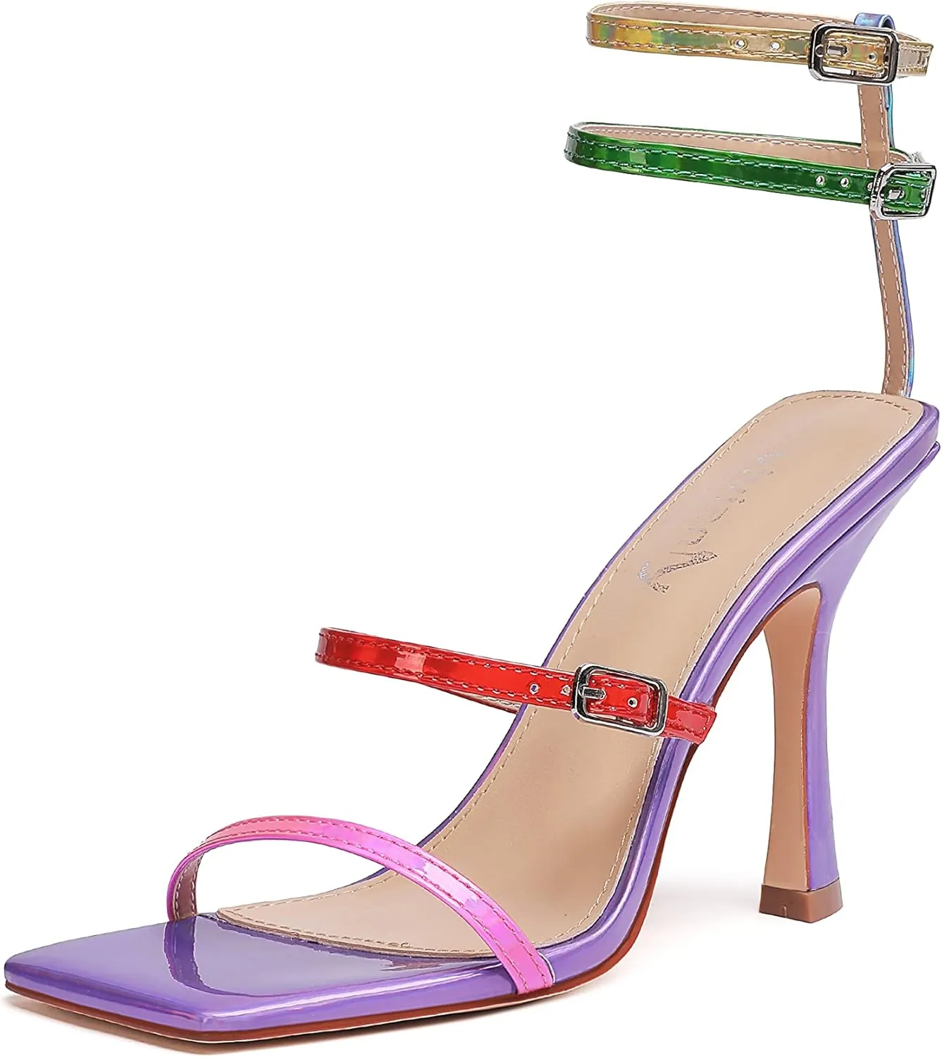 vivianly Women'S Square Toe Strappy Heels Sandal Multi Color Ankle Strap Heeled Sandals Sexy Stiletto High Heels