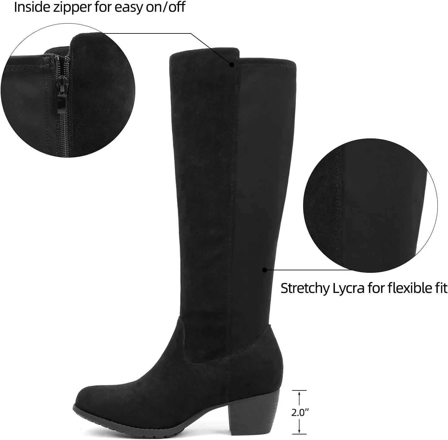 VJH confort Women's Knee High Boots, Round Toe Low Heel Stretchy Comfy Wide Calf Tall Riding Boot