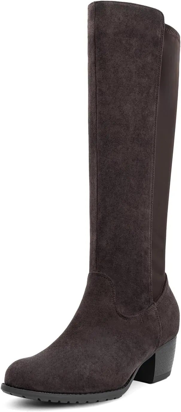 VJH confort Women's Knee High Boots, Round Toe Low Heel Stretchy Comfy Wide Calf Tall Riding Boot