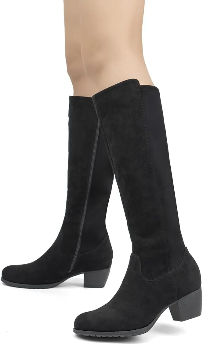 VJH confort Women's Knee High Boots, Round Toe Low Heel Stretchy Comfy Wide Calf Tall Riding Boot