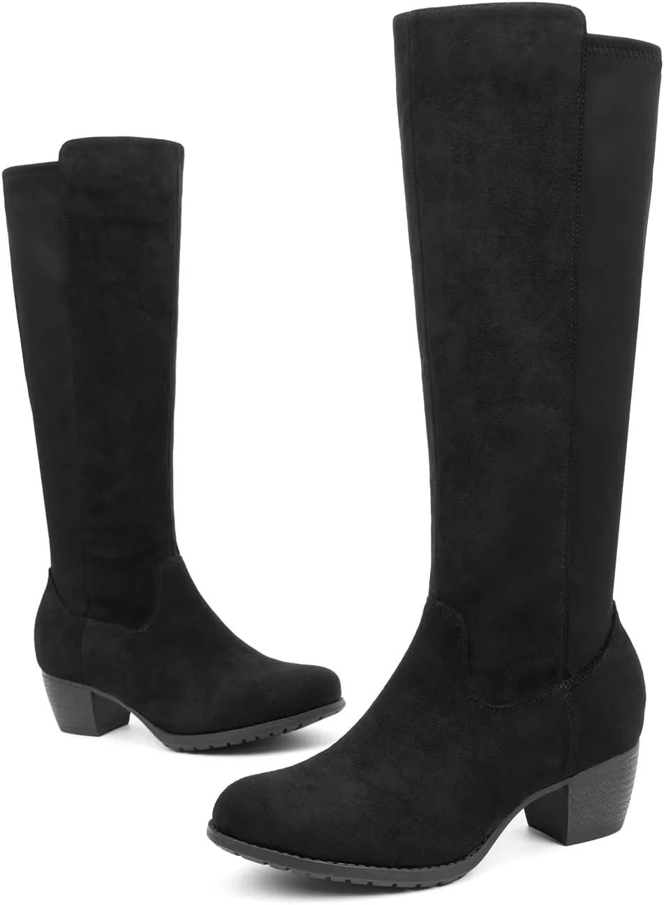 VJH confort Women's Knee High Boots, Round Toe Low Heel Stretchy Comfy Wide Calf Tall Riding Boot