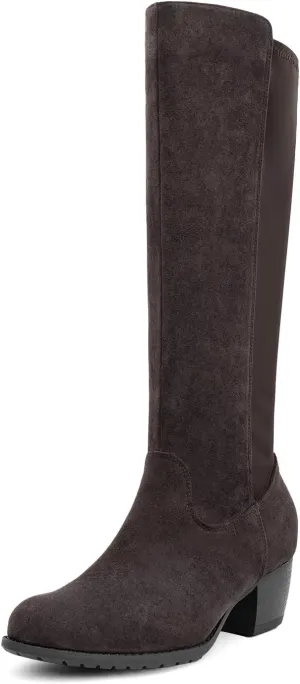 VJH confort Women's Knee High Boots, Round Toe Low Heel Stretchy Comfy Wide Calf Tall Riding Boot