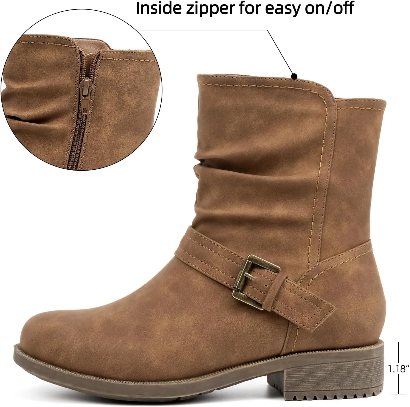 VJH confort Women's Mid Calf Boots, Comfort Buckle Slouchy Booties with Side Zipper