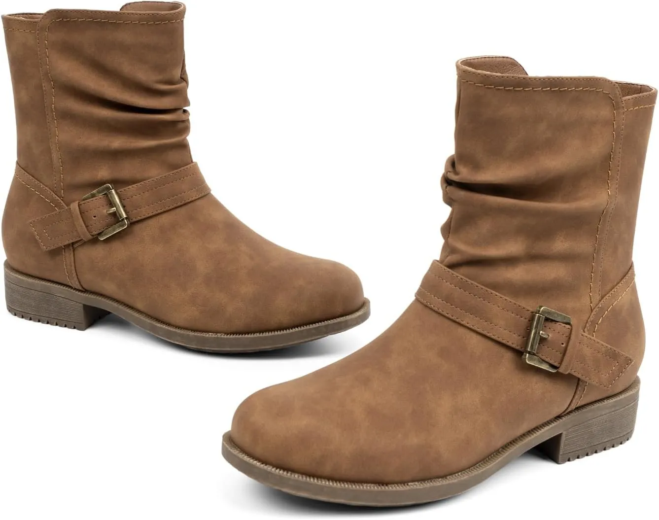VJH confort Women's Mid Calf Boots, Comfort Buckle Slouchy Booties with Side Zipper
