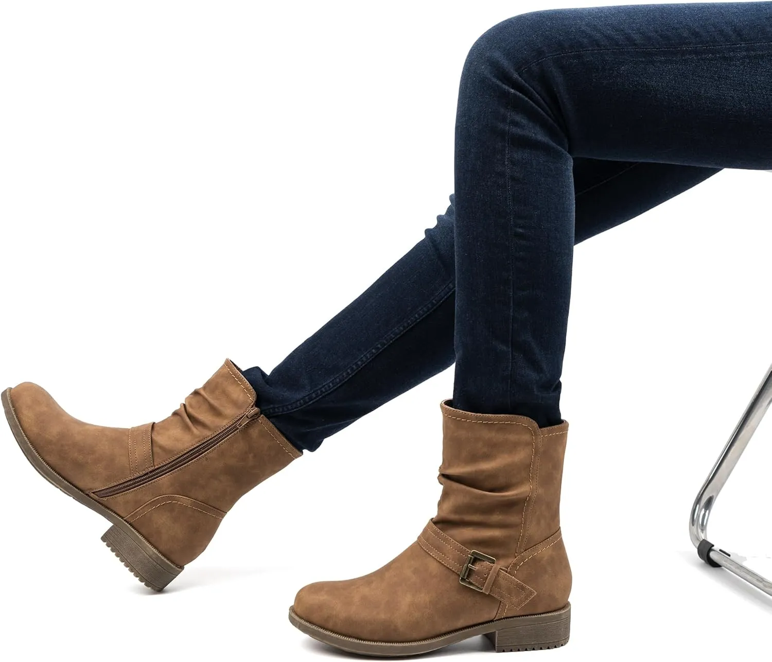VJH confort Women's Mid Calf Boots, Comfort Buckle Slouchy Booties with Side Zipper