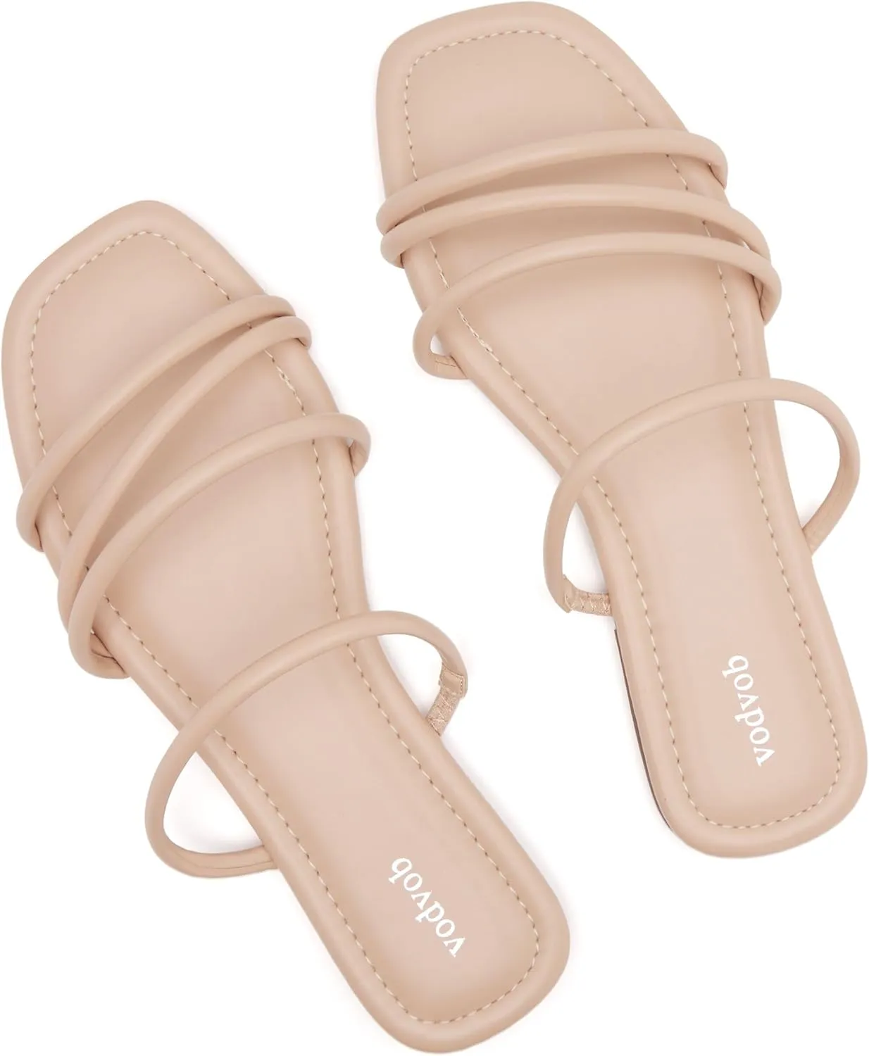 vodvob Strappy Flat Sandals for Women Square Open Toe Cross Straps Slides for Summer Beach Holiday Outdoor