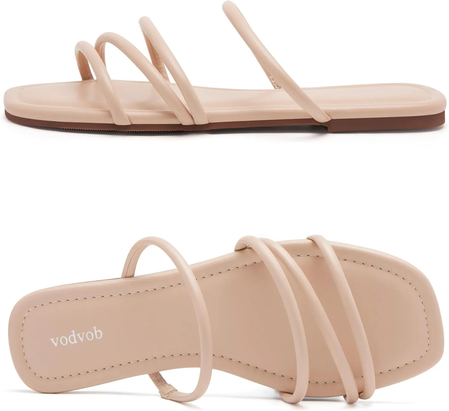 vodvob Strappy Flat Sandals for Women Square Open Toe Cross Straps Slides for Summer Beach Holiday Outdoor