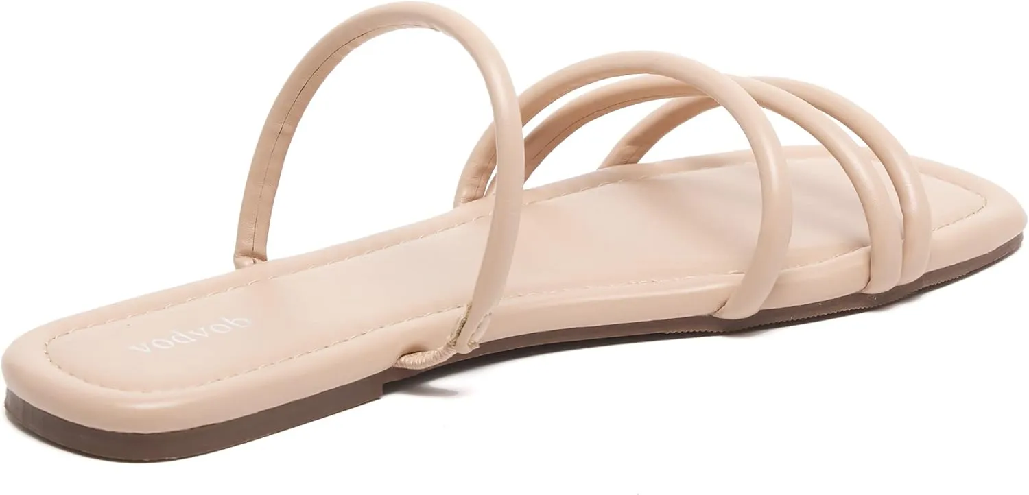 vodvob Strappy Flat Sandals for Women Square Open Toe Cross Straps Slides for Summer Beach Holiday Outdoor
