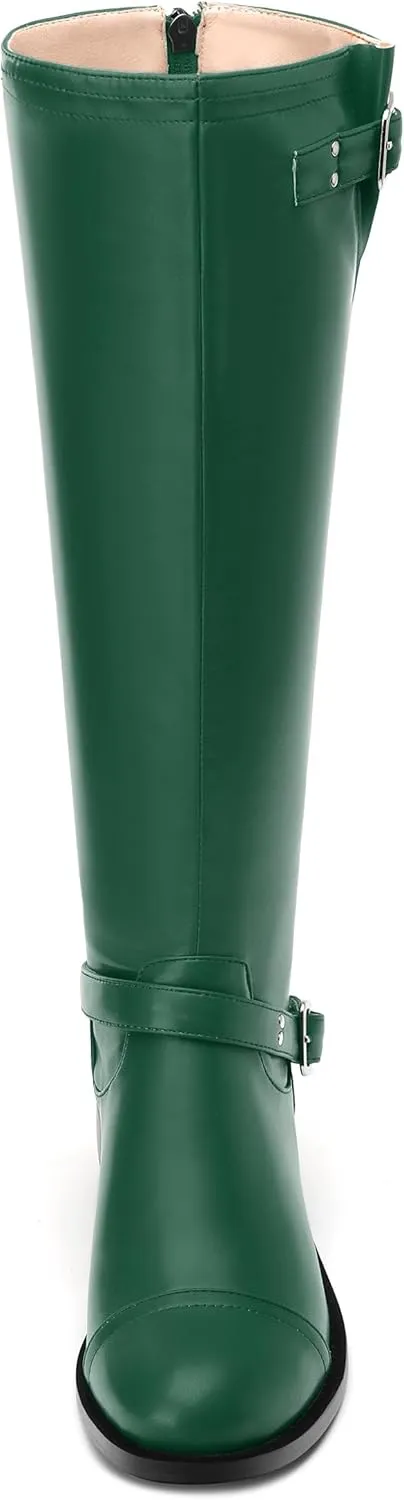 WAYDERNS Knee High Boots for Women Low Heel Round Toe 1 Inch Tall Boots Zipper Comfortable Riding Party Fall Winter Boots